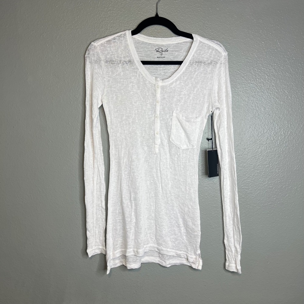 Rails Henley Top S White Y2K Long Sleeve Sheer Slub Knit Pocket Lightweight NWT